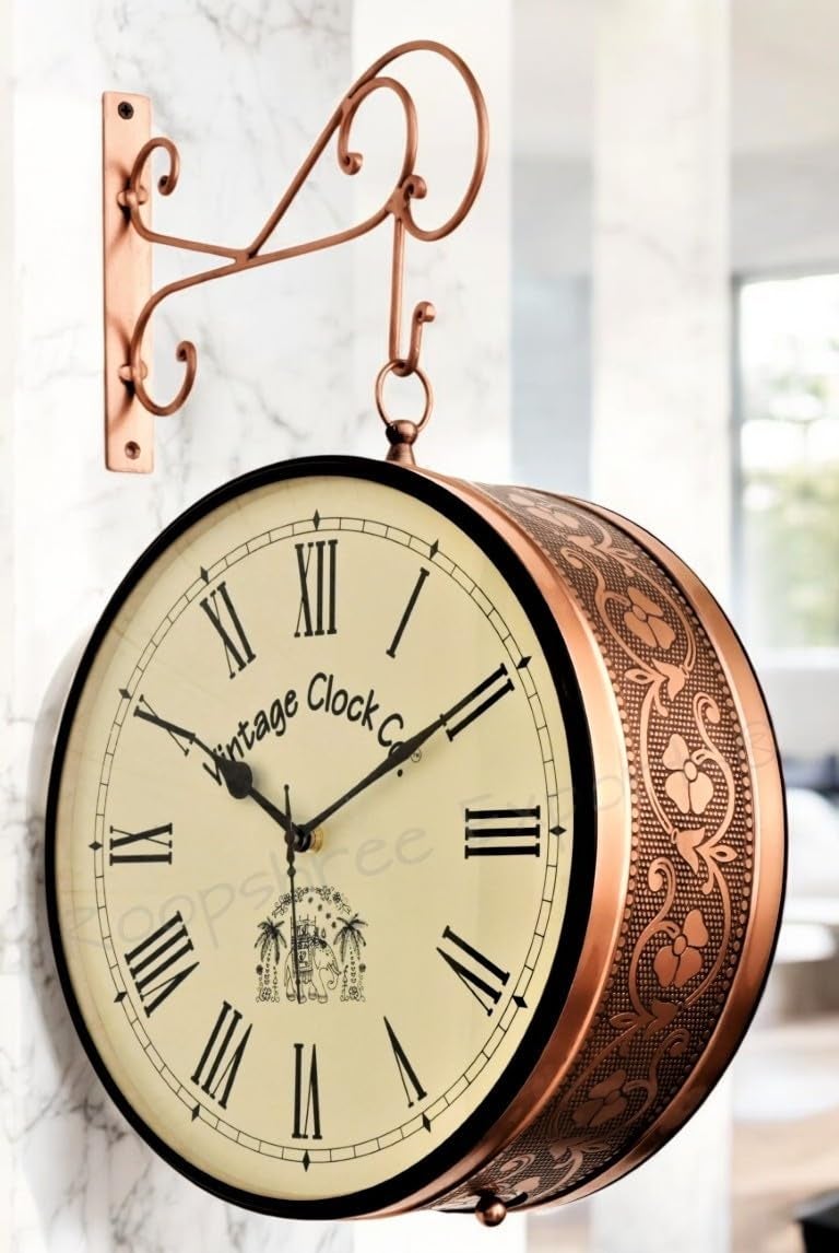 Vintage Clock Handcrafted Double Side Clock with Roman Numbers 1 Year Warranty (12 Inches Size, Rose Gold Finish, Floral Design, Vc-65471) - Analog, Iron - Image 1