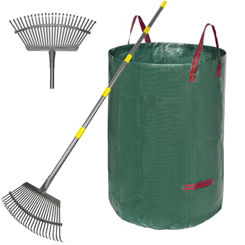 Serqd Adjustable Garden Rake for Leaves 3673 Long Handle 18 Wide Heavy Duty with 25 Metal Tines Includes 32Gallon Leaf BagsDesigned for Lawns Grass Shrubs Flower Beds - Image 1