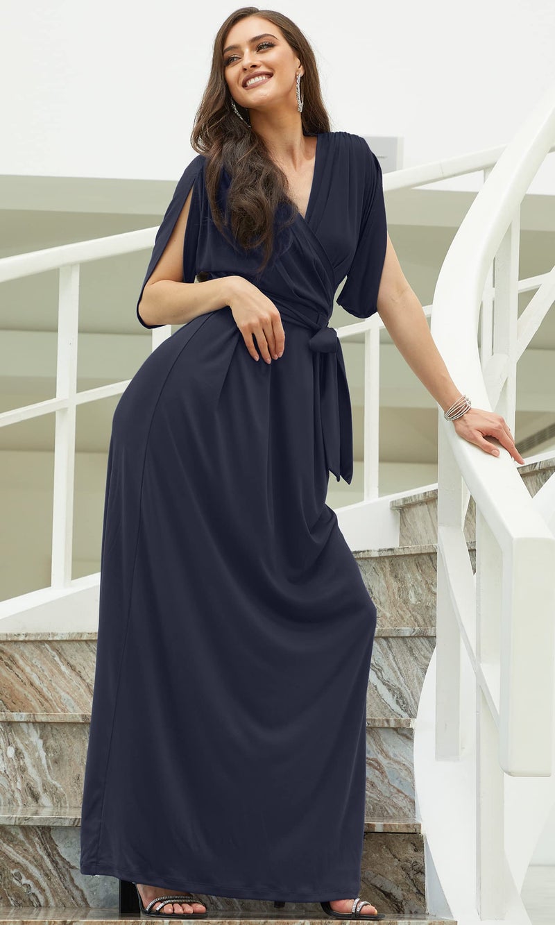 KOH KOH Womens Long Formal Short Sleeve Cocktail Flowy V-Neck Casual Bridesmaid Wedding Party Guest Evening Cute Maternity Work Gown Gowns Maxi Dress Dresses, Dark Navy Blue L 12-14 - Image 2