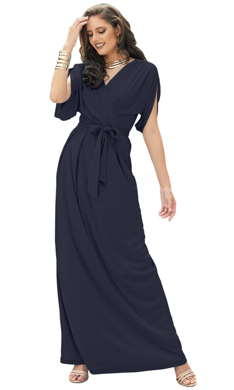 KOH KOH Womens Long Formal Short Sleeve Cocktail Flowy V-Neck Casual Bridesmaid Wedding Party Guest Evening Cute Maternity Work Gown Gowns Maxi Dress Dresses, Dark Navy Blue L 12-14 - Image 1