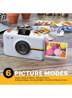 Kodak Step Camera Instant Camera with 10MP Image Sensor, ZINK Zero Ink Technology, Classic Viewfinder, Selfie Mode, Auto Timer, Built-in Flash & 6 Picture Modes | White.