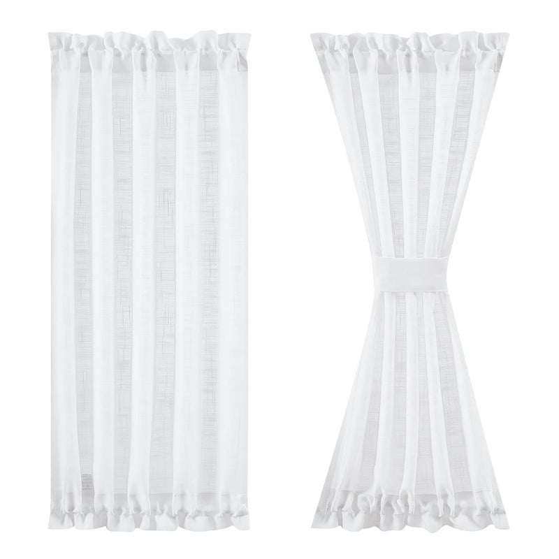 FMFUNCTEX Sheer Linen French Door Curtains White 72 Inches Long Linen Textured Front Glass Door Panel Curtain Solid Privacy Sliding Door Curtain Set Tiebacks Attached 50 Inches Wide 1 Panel