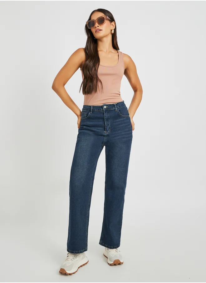 Styli Styli High Rise Whiskered Straight Fit Jeans