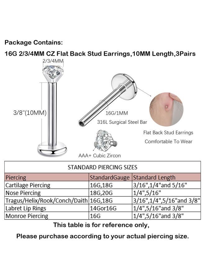 Candyfancy 16g Flat Back Earrings 10mm Post 316L Surgical Steel Bar 2mm 3mm 4mm CZ Stud Earrings Set Lip Ear Lobe Rook Helix Conch Piercing Jewelry - Image 5