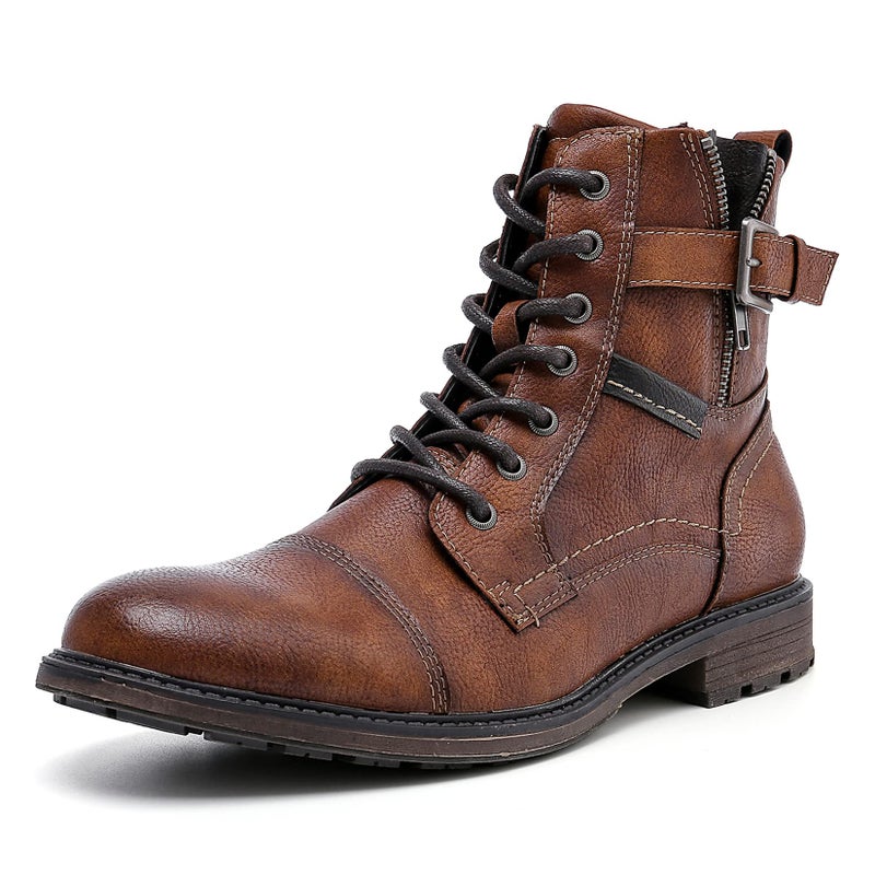 AMAPO Men Casual Boots,Comfort Motorcycle Boot for Men,Buckle Lace-Up Side Zipper Oxford Boost,Ankle Dress Men's Boot,Botas Para Hombre Fashion,Brown Size 14 - Image 1