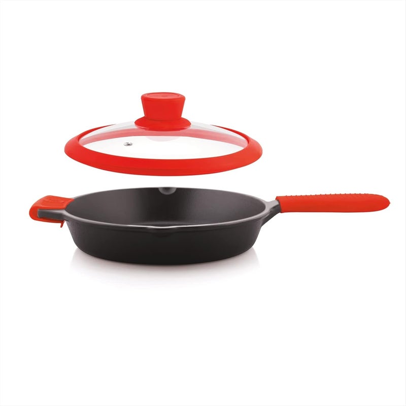 THE CHEF STORY The Chef Story Throwback Series Cast Iron Fry Pan 26cm PreSeasoned 102 Inch Lifetime Exchange Warranty Unibody Design with no Screw Joints Silicon Sleeves Tempered Glass Rim with Silicon Rim Eco Friendly Induction Gas Electric Solid Plate Radiant Ceramic Halogen Recyclable Iron Toxic Free  - Image 1