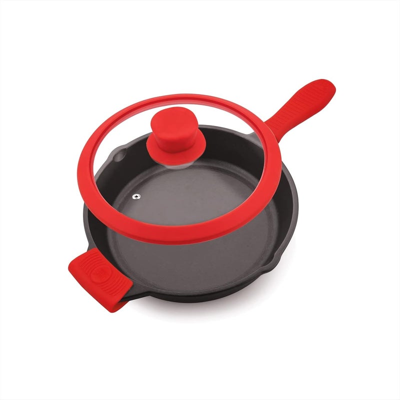 THE CHEF STORY The Chef Story Throwback Series Cast Iron Fry Pan 26cm PreSeasoned 102 Inch Lifetime Exchange Warranty Unibody Design with no Screw Joints Silicon Sleeves Tempered Glass Rim with Silicon Rim Eco Friendly Induction Gas Electric Solid Plate Radiant Ceramic Halogen Recyclable Iron Toxic Free  - Image 3