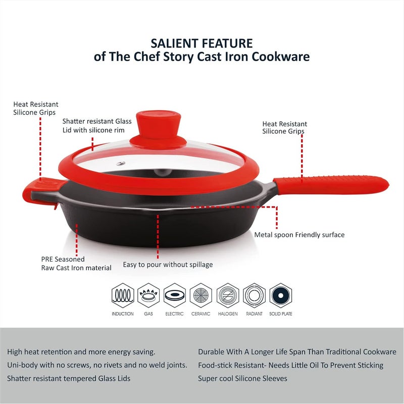 THE CHEF STORY The Chef Story Throwback Series Cast Iron Fry Pan 26cm PreSeasoned 102 Inch Lifetime Exchange Warranty Unibody Design with no Screw Joints Silicon Sleeves Tempered Glass Rim with Silicon Rim Eco Friendly Induction Gas Electric Solid Plate Radiant Ceramic Halogen Recyclable Iron Toxic Free  - Image 4
