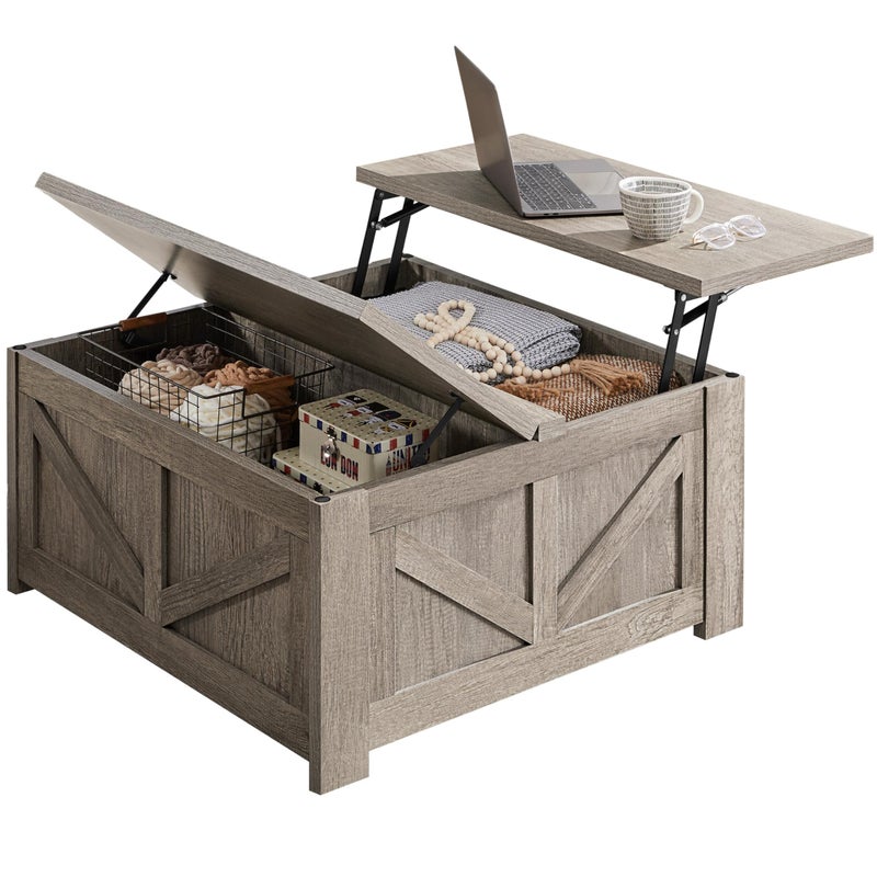 Yaheetech Lift Top Coffee Table Square Farmhouse Coffee Table with Hidden Storage Compartment Wood Center Table for Living Room Home Office Gray