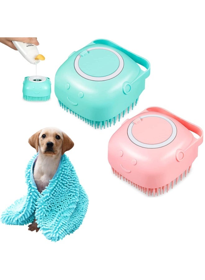Dog Bath Brush Kit Pet Bathing Brush Tool with Pet Bath Towel,Soft Silicone Pet Shampoo Massage Dispenser Grooming Shower Brush,for Long and Short Haired Dogs Cats Shower - Image 1