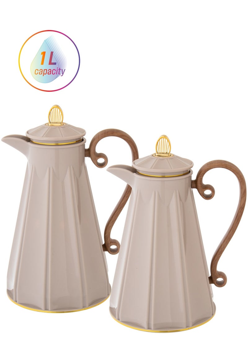 ALASKA - Thermos Set Two Pieces for Tea and Coffee beige with wood hand - Image 1