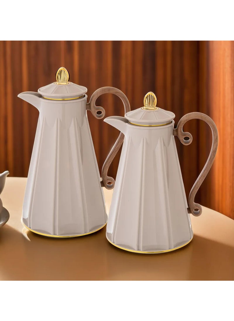 ALASKA - Thermos Set Two Pieces for Tea and Coffee beige with wood hand - Image 1