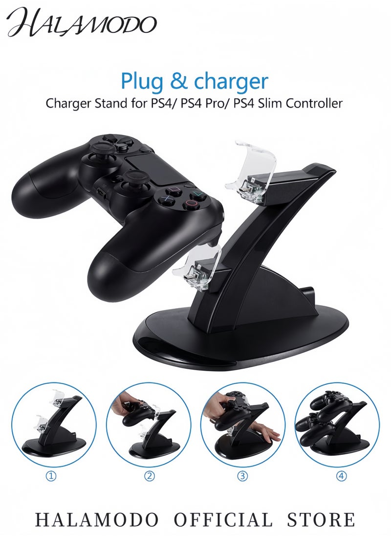 HALAMODO - LED Dual USB Charger Docking Station for PS4 Controllers Fast Charging Stand for PlayStation 4 Dualshock 3/4 PS4 Pro Slim with LED Indicators IC Protection Type C Charging Cable Space Saving Design - Image 1