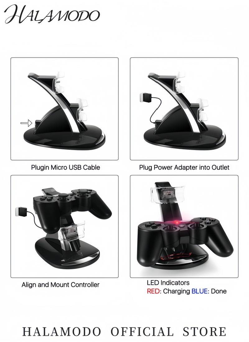 HALAMODO - LED Dual USB Charger Docking Station for PS4 Controllers Fast Charging Stand for PlayStation 4 Dualshock 3/4 PS4 Pro Slim with LED Indicators IC Protection Type C Charging Cable Space Saving Design - Image 1