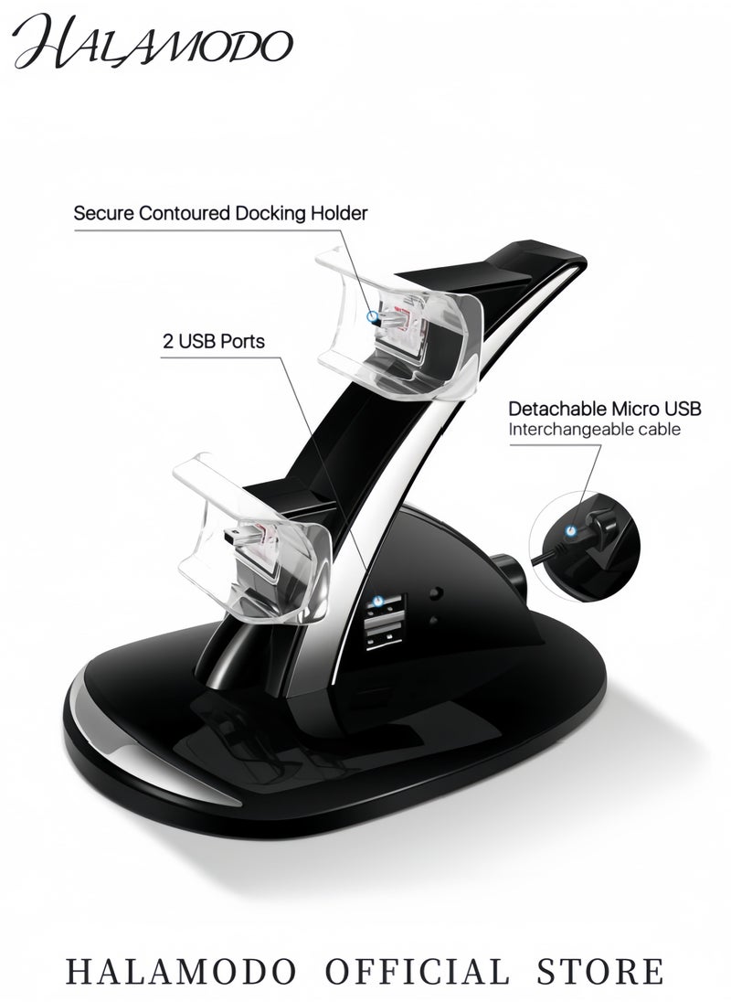 HALAMODO - LED Dual USB Charger Docking Station for PS4 Controllers Fast Charging Stand for PlayStation 4 Dualshock 3/4 PS4 Pro Slim with LED Indicators IC Protection Type C Charging Cable Space Saving Design - Image 1