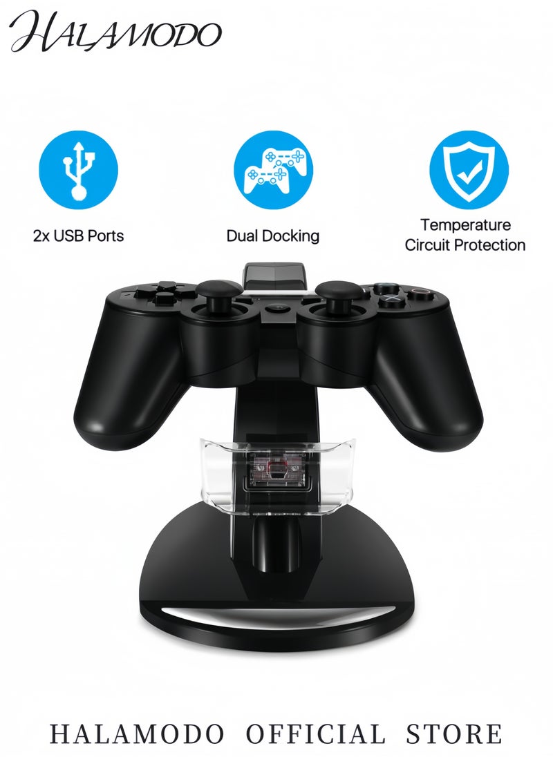 HALAMODO - LED Dual USB Charger Docking Station for PS4 Controllers Fast Charging Stand for PlayStation 4 Dualshock 3/4 PS4 Pro Slim with LED Indicators IC Protection Type C Charging Cable Space Saving Design - Image 1