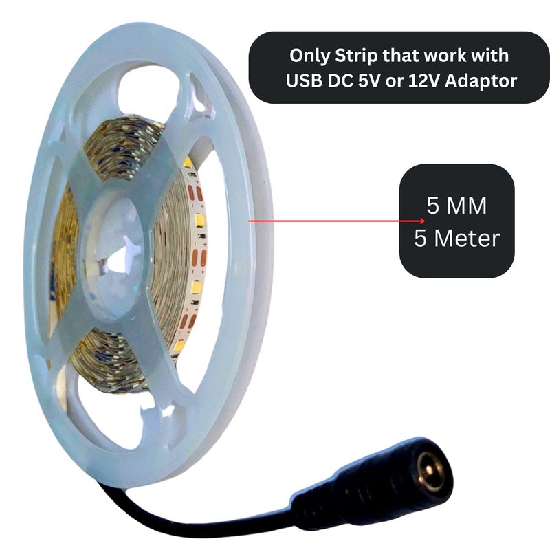 SNOOGG LED Strip Light Cool White 5V and 12V Adaptor USB Powered 5 Meter 300 LEDs Flexible Rope to Decorate Your Living Room Kitchen Cabinet Stare case Bedroom Kitchen 2 Pack of 5 Meter Each - Image 4