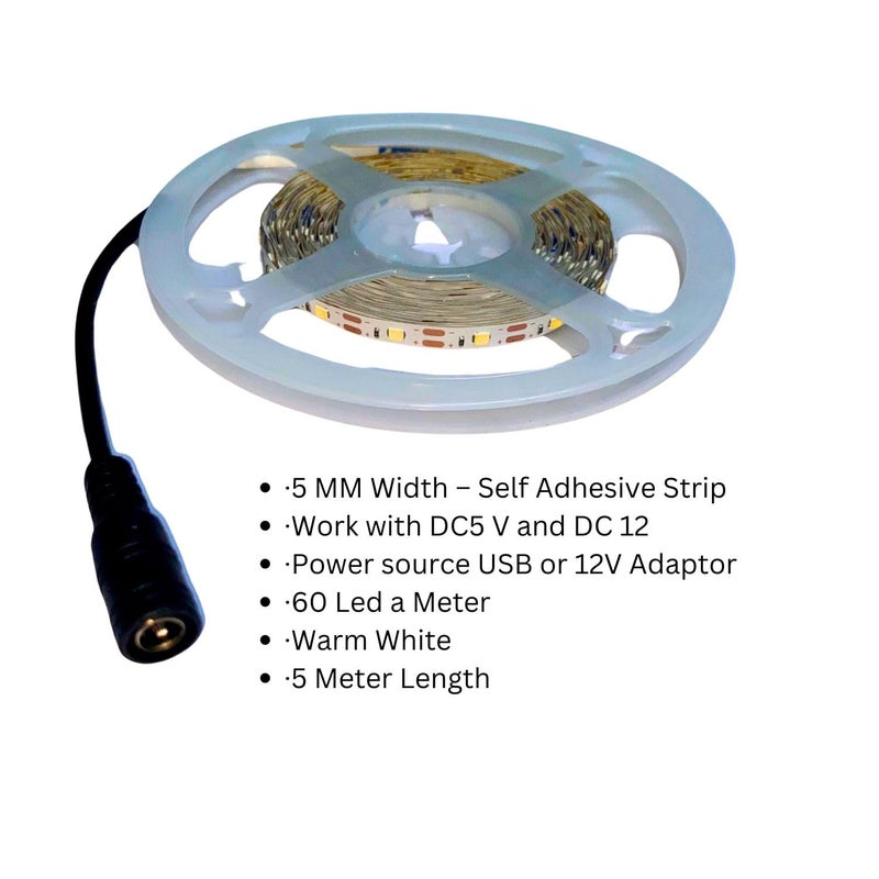 SNOOGG LED Strip Light Cool White 5V and 12V Adaptor USB Powered 5 Meter 300 LEDs Flexible Rope to Decorate Your Living Room Kitchen Cabinet Stare case Bedroom Kitchen 2 Pack of 5 Meter Each - Image 3