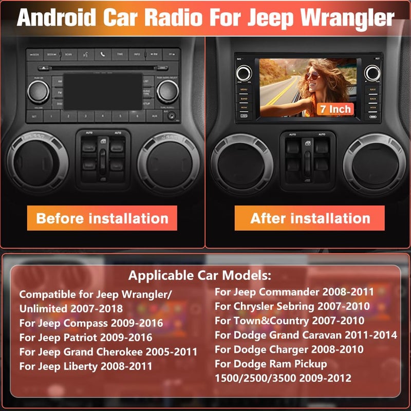 Pyniro Car Radio Stereo Upgrade for Jeep Wrangler 2007-2018/Dodge Ram 1500,etc., Android Head Unit with 7-Inch Touch Screen/Backup Camera/Wireless CarPlay & Android Auto/Mirroring/Wi-Fi/FM/SWC - Image 2