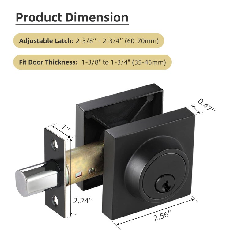TooCust Square Single Cylinder Deadbolt  2 Pack  Modern Lock With Keys  Door Locks  Matte Black For Front Door Entrance  Security Lock  Keyed 1 Side - Image 2