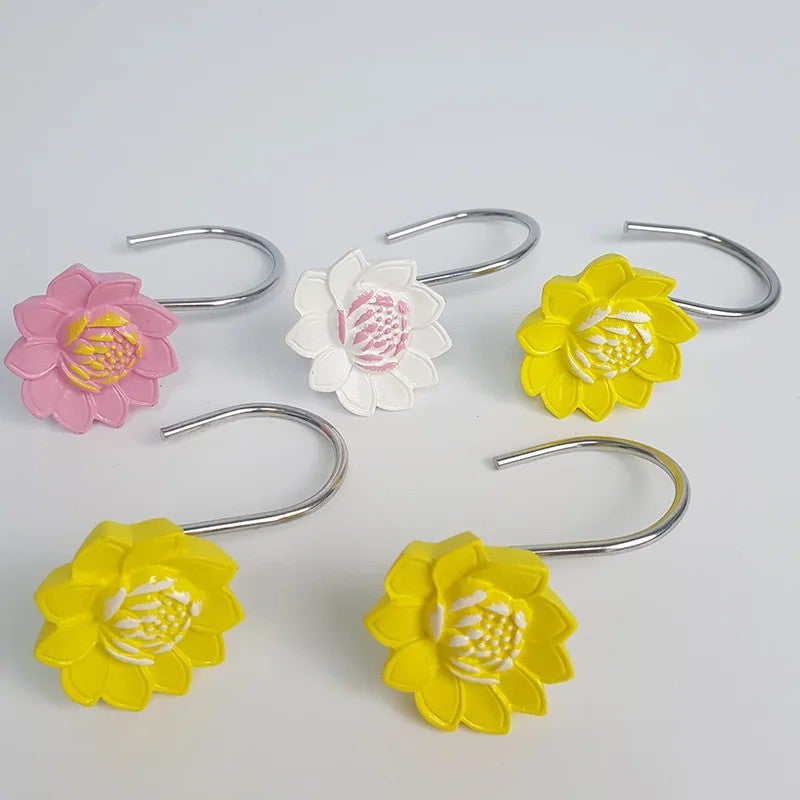 Bluejw 12PCS Elegant Stainless Steel Double Shower Curtain Hooks Rings - Rustproof Resin Lotus Design for Bathroom Curtains & Rods - Image 3
