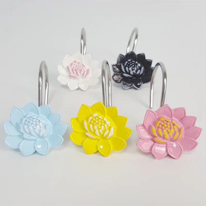 Bluejw 12PCS Elegant Stainless Steel Double Shower Curtain Hooks Rings - Rustproof Resin Lotus Design for Bathroom Curtains & Rods - Image 2
