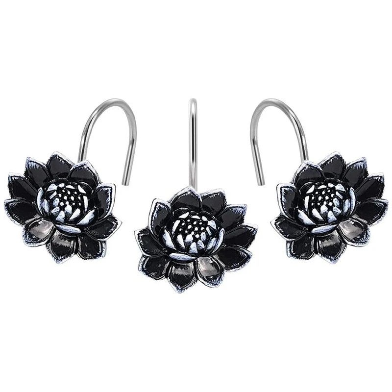 Bluejw 12PCS Elegant Stainless Steel Double Shower Curtain Hooks Rings - Rustproof Resin Lotus Design for Bathroom Curtains & Rods - Image 1