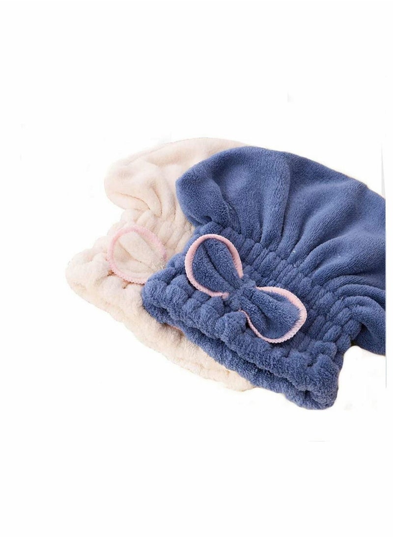 NIBEMINENT - 2PC Microfiber Hair Drying Caps, Extrame Soft & Ultra Absorbent, Fast Turban Wrap Towels Shower Cap for Girls and Women (Blue+Beige) - Image 1