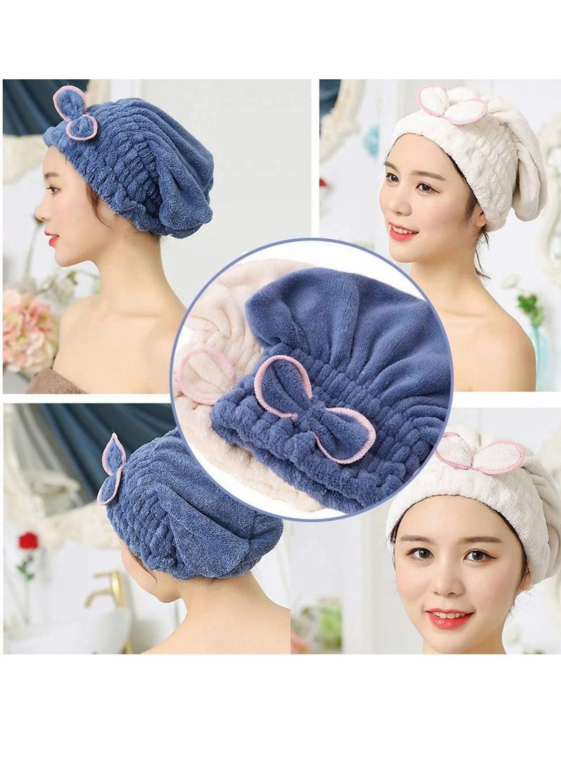 NIBEMINENT - 2PC Microfiber Hair Drying Caps, Extrame Soft & Ultra Absorbent, Fast Turban Wrap Towels Shower Cap for Girls and Women (Blue+Beige) - Image 1