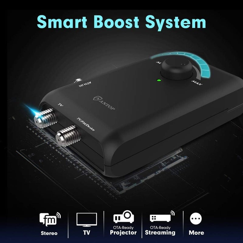 ANTOP HD Smart Boost Antenna Amplifier,TV Antenna Amplifier Signal Booster, HDTV Booster with Dual Outputs for 2 TVs, HD Digital VHF UHF FM Amplifier,Compatible with Any Non-Amplified Antennas - Image 1