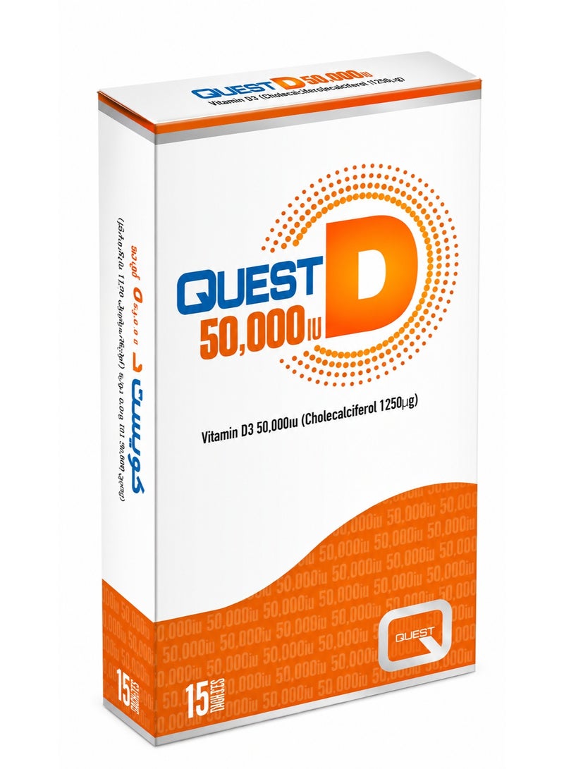 Quest D 50000 IU Vitamin D3 Supplement – 15 Tablets | Supports Immunity, Bones & Muscle Health