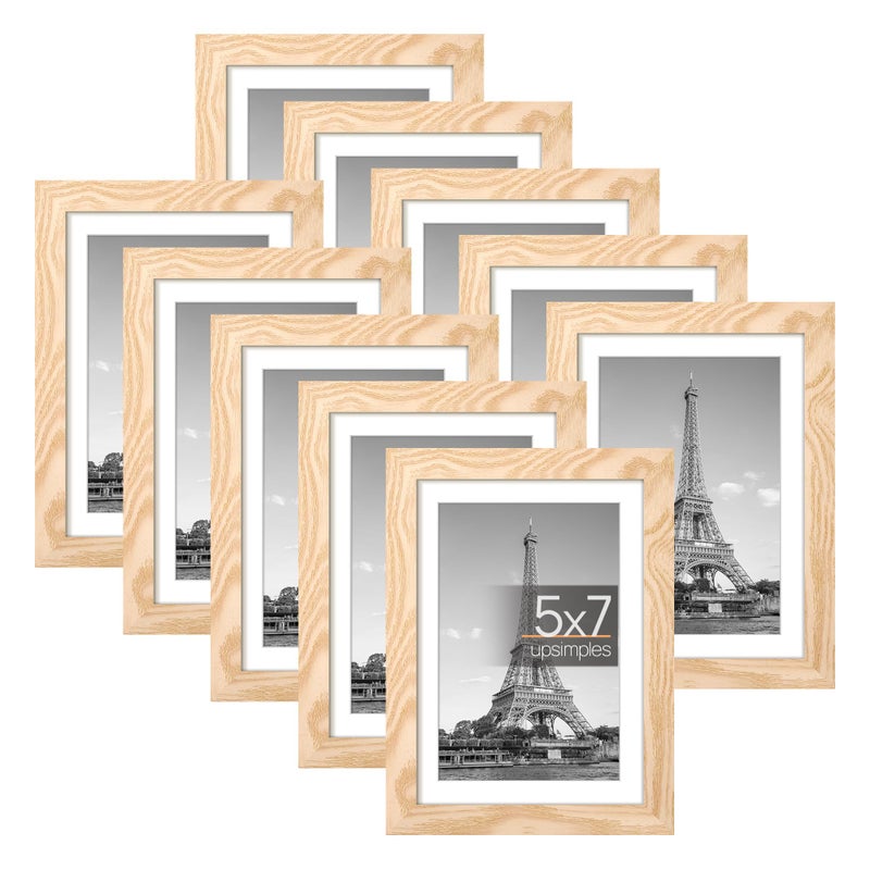 upsimples 5x7 Picture Frame Set of 10  Display Pictures 4x6 with Mat or 5x7 Without Mat  Multi Photo Frames Collage for Wall or Tabletop Display  Real Glass  Natural