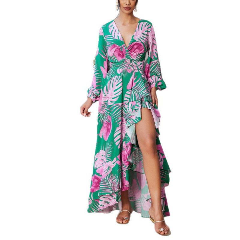 Women's 2025 Autumn Print V-Neck High Waist Long Dress - Image 4