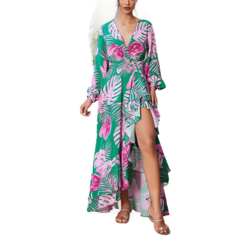 Women's 2025 Autumn Print V-Neck High Waist Long Dress - Image 5
