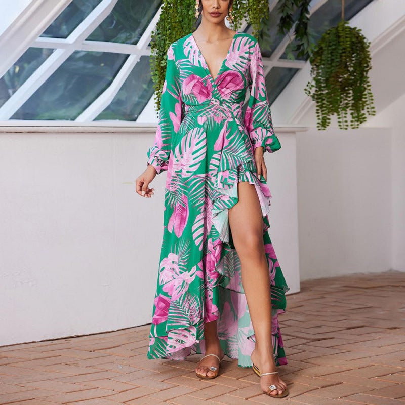 Women's 2025 Autumn Print V-Neck High Waist Long Dress - Image 1