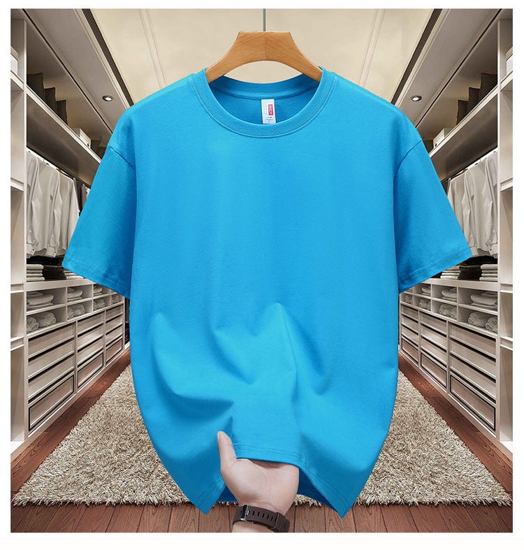 Heavy cotton T-shirt logo summer short sleeve overalls solid color round neck large size shirt jacket wholesale generation sky blue