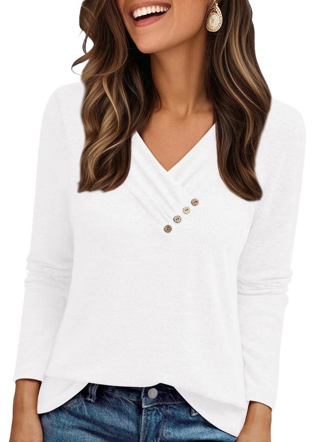 AUTOMET Womens Long Sleeve Tunic Top V Neck Button Shirts 2025 Dressy Casual Business Blouses, White, XL - Image 1