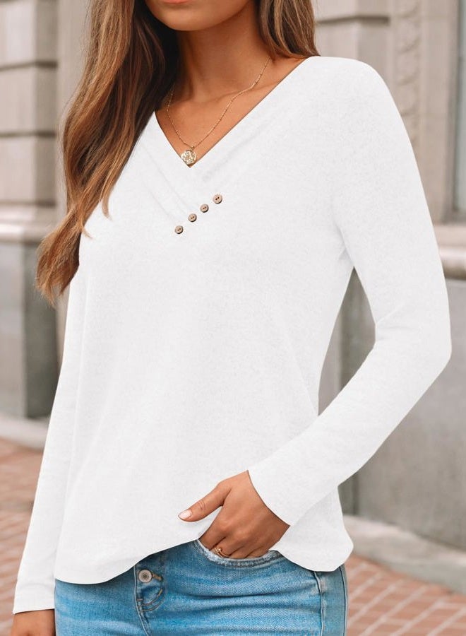 AUTOMET Womens Long Sleeve Tunic Top V Neck Button Shirts 2025 Dressy Casual Business Blouses, White, XL - Image 3