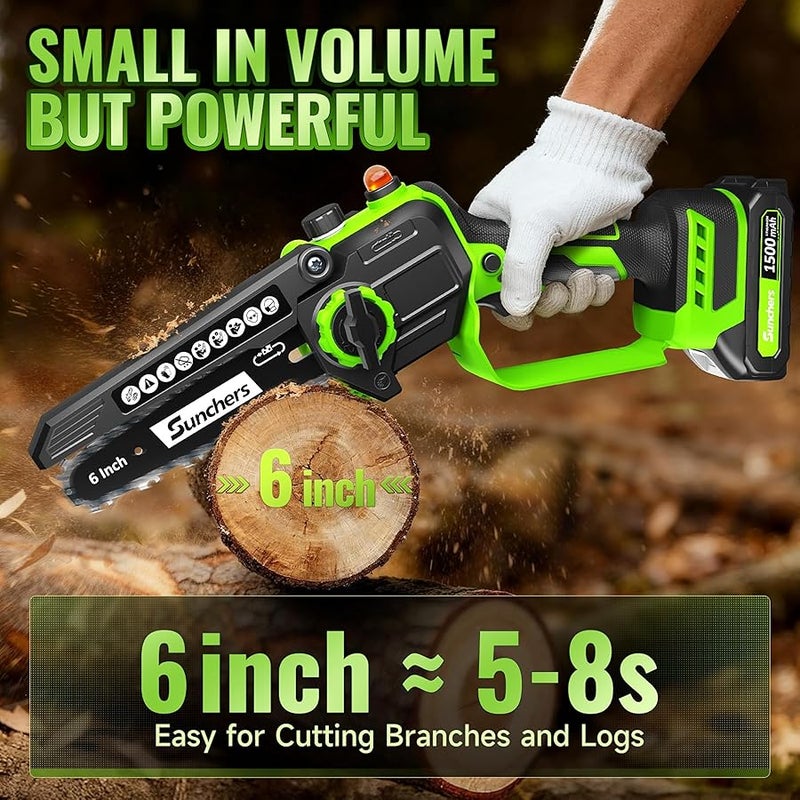 sunchers Mini Chainsaw Cordless, 6 Inch Electric Chainsaw with 2 Battery, Handheld Battery Powered Chain Saw with Auto Oiler, Garden Tools Saw for Wood Cutting Tree Cutter, Holiday Gifts for Men, Dad, Husband - Image 2