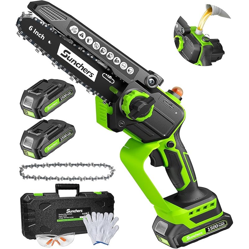 sunchers Mini Chainsaw Cordless, 6 Inch Electric Chainsaw with 2 Battery, Handheld Battery Powered Chain Saw with Auto Oiler, Garden Tools Saw for Wood Cutting Tree Cutter, Holiday Gifts for Men, Dad, Husband - Image 1