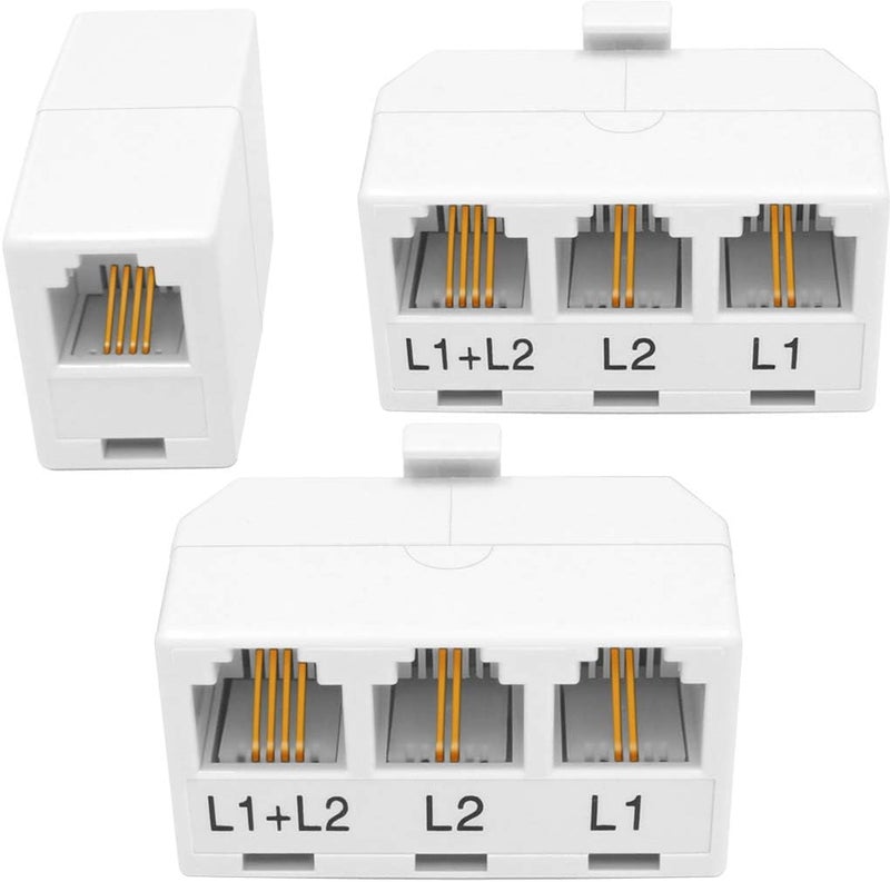 NECABLES 2+1Pack 2pcs Phone Jack Splitter 2 Line Adapter RJ11 1 Male to 3 Females (L1, L2, L1+L2) and 1pc Telephone Line Coupler White - Image 1