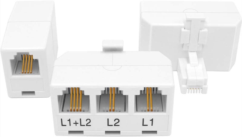 NECABLES 2+1Pack 2pcs Phone Jack Splitter 2 Line Adapter RJ11 1 Male to 3 Females (L1, L2, L1+L2) and 1pc Telephone Line Coupler White - Image 2