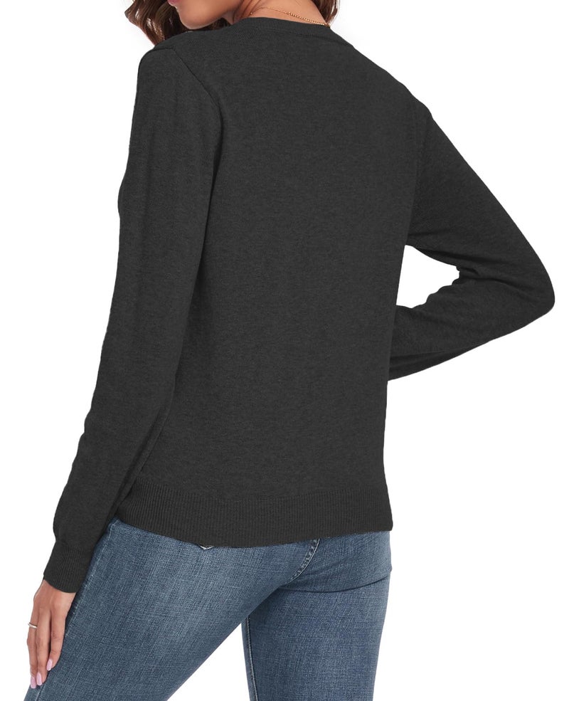 QUALFORT Women's 100% Cotton Sweater V Neck Long Sleeve Knitted Jumper Tops Charcoal Heather Large - Image 2