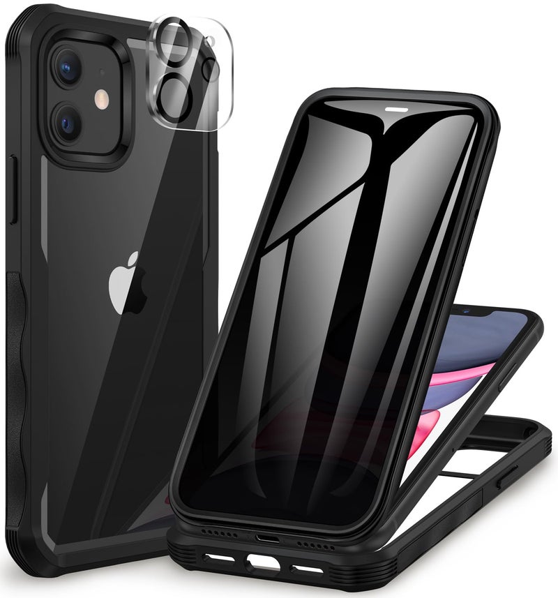CENHUFO Privacy for iPhone 11 Case, Full Body Phone Case with Built-in 9H Tempered Glass Privacy Screen Protector and Camera Lens Protector, Anti Peep Spy Shockproof Bumper Clear Cover - Black - Image 1