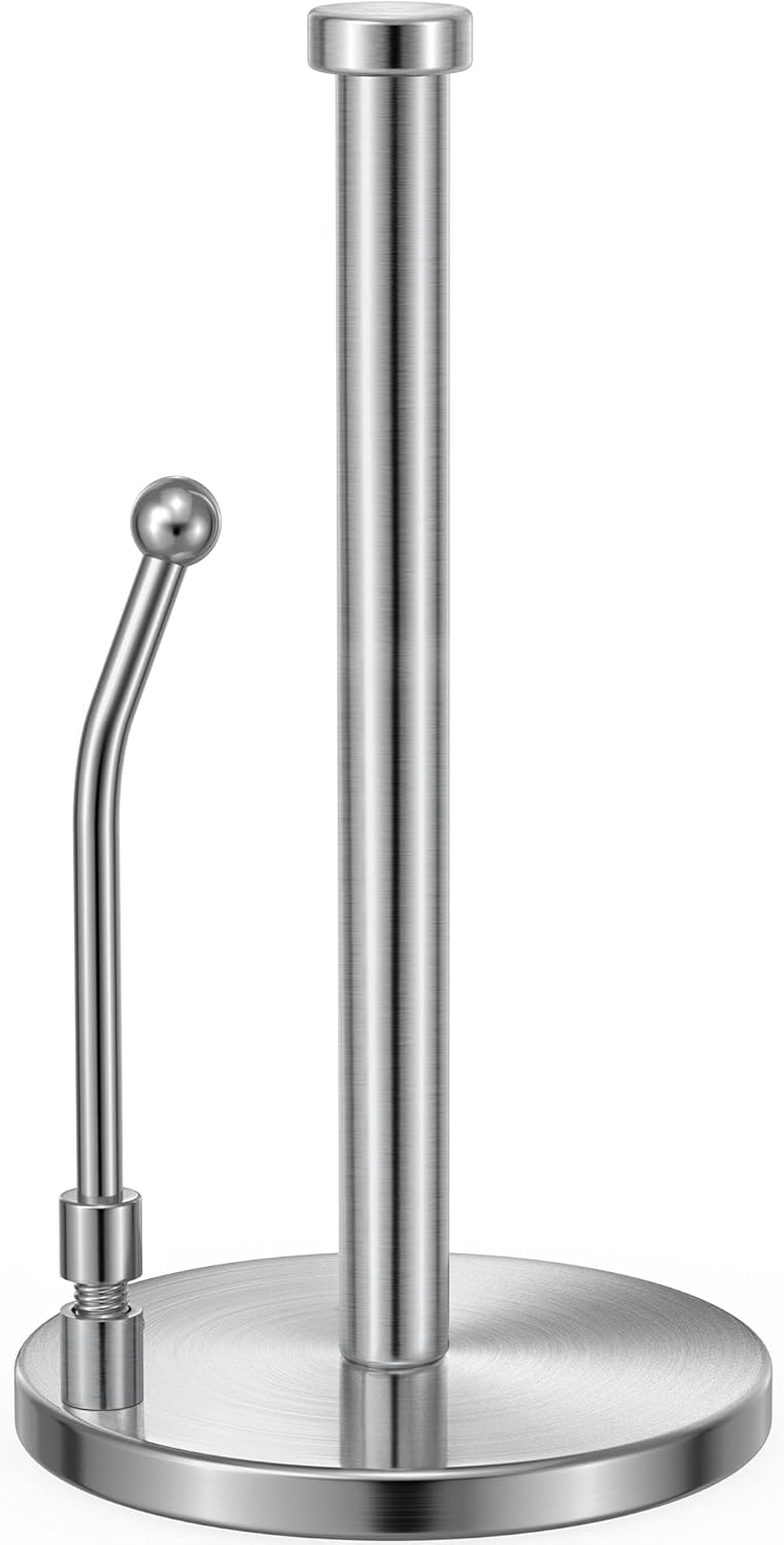 SMARTAKE Paper Towel Holder, Paper Towel Dispenser Standing Weighted Base Non Slip, Spring Arm for Easy Tear, Stainless Steel Paper Towel Holder for Home Kitchen Countertop Tabletop, Silver - Image 1