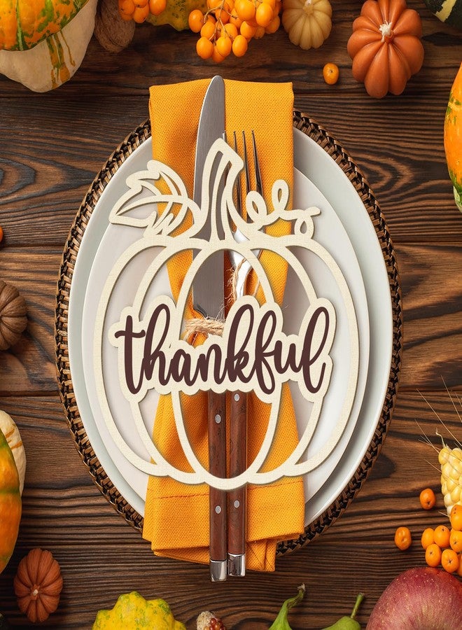 Sophena 12 Pcs Thanksgiving Pumpkin Wooden Plate Decor Grateful Wood Cutouts Fall Autumn Thankful Blessed Favour Gather Party Place Card Table Settings Signs for Farmhouse Dining Table Holiday Harvest - Image 1