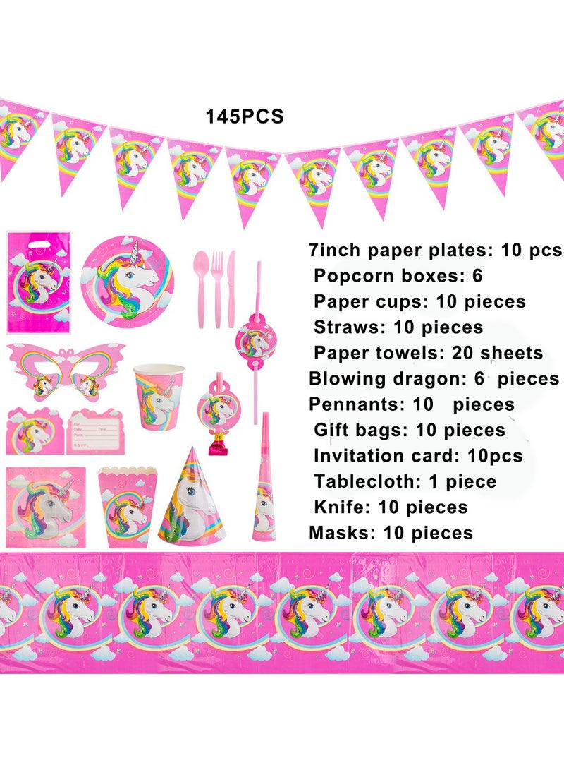 Neox Unicorn Theme Party Supplies for Kids,145PCS Unicorn Party Props Favor Table Decorations, Banner Paper Plates Napkins Cups Tablecloth Tableware Sports Set for 10 Guests,Party Decorations Birthday Decorations for Girls - Image 2