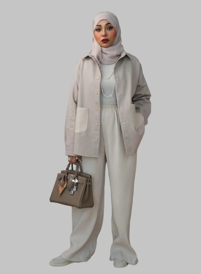 بوند بنطال واسع بيج بقصة خصر عالي من قماش لينن