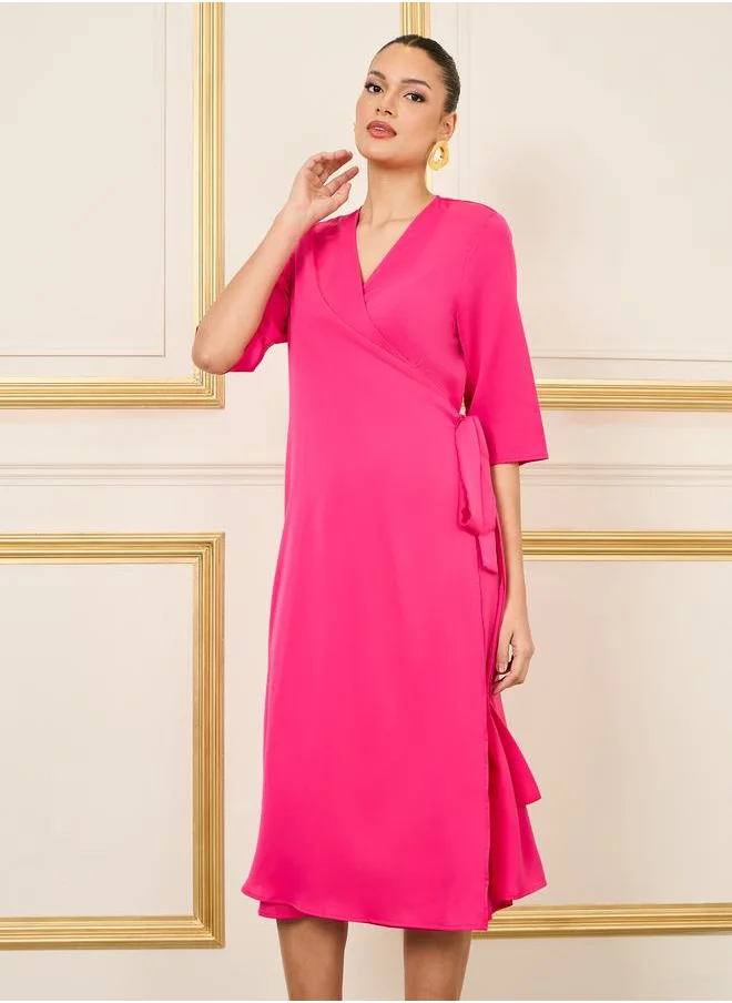 ستايلي 3/4 Sleeves Solid Wrap Front Midi Dress