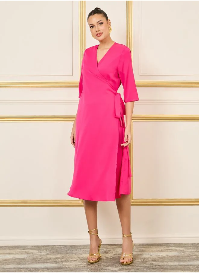 ستايلي 3/4 Sleeves Solid Wrap Front Midi Dress